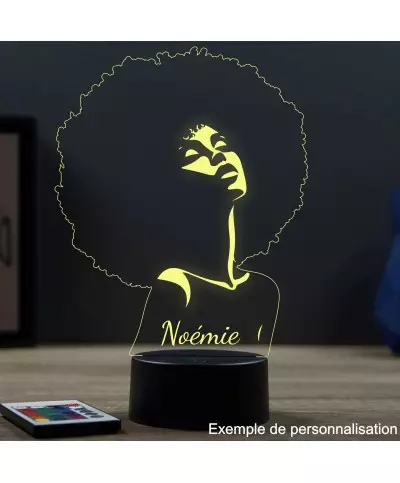 Lampe illusion 3D en verre acrylique gravée au laser représentant une femme avec une coupe afro.