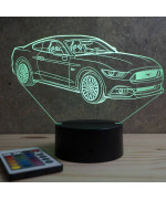 Lampe illusion 3D en verre acrylique gravée au laser représentant une voiture Ford Mustang GT 2016.