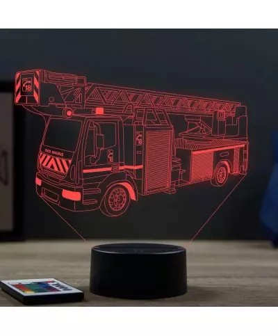 Lampe illusion 3D en verre acrylique gravée au laser représentant un camion de pompier à grande échelle.