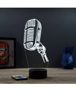 Lampe illusion 3D en verre acrylique gravée au laser représentant un micro d'enregistrement.