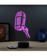 Lampe illusion 3D en verre acrylique gravée au laser représentant un micro d'enregistrement.