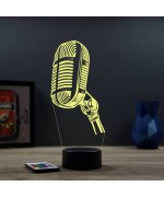 Lampe illusion 3D en verre acrylique gravée au laser représentant un micro d'enregistrement.