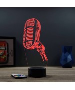 Lampe illusion 3D en verre acrylique gravée au laser représentant un micro d'enregistrement.