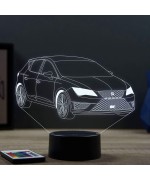 Lampe illusion 3D en verre acrylique gravée au laser représentant une voiture Seat Leon Cupra 2018.