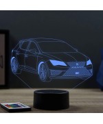 Lampe illusion 3D en verre acrylique gravée au laser représentant une voiture Seat Leon Cupra 2018.