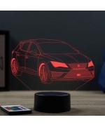 Lampe illusion 3D en verre acrylique gravée au laser représentant une voiture Seat Leon Cupra 2018.