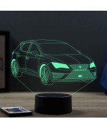 Lampe illusion 3D en verre acrylique gravée au laser représentant une voiture Seat Leon Cupra 2018.