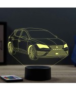 Lampe illusion 3D en verre acrylique gravée au laser représentant une voiture Seat Leon Cupra 2018.