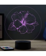 Lampe illusion 3D en verre acrylique gravée au laser représentant une fleur d'hibiscus.