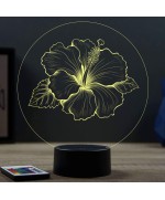 Lampe illusion 3D en verre acrylique gravée au laser représentant une fleur d'hibiscus.