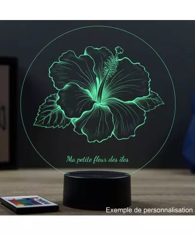 Lampe illusion 3D en verre acrylique gravée au laser représentant une fleur d'hibiscus.