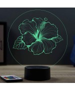 Lampe illusion 3D en verre acrylique gravée au laser représentant une fleur d'hibiscus.
