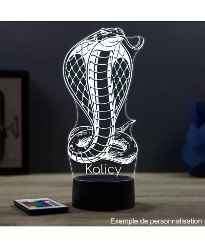 Lampe illusion 3D en verre acrylique gravée au laser représentant un serpent cobra.