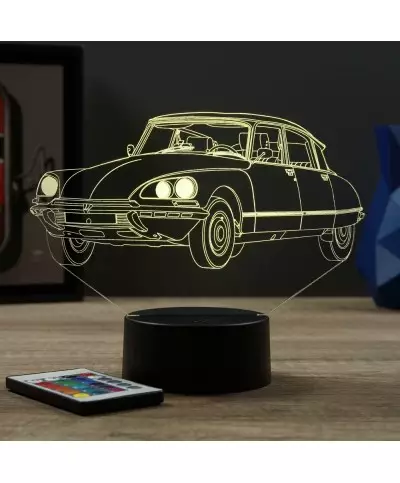 Lampe illusion 3D en verre acrylique gravée au laser représentant une voiture Citroën DS23 1974.