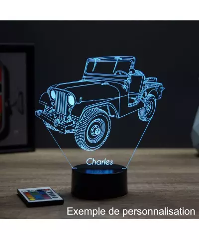 Lampe illusion 3D en verre acrylique gravée au laser représentant une voiture Jeep Willys M38 A1.