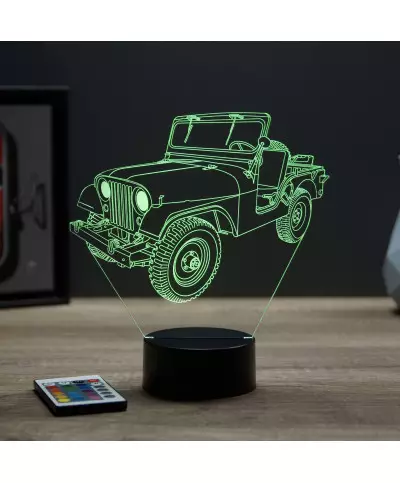 Lampe illusion 3D en verre acrylique gravée au laser représentant une voiture Jeep Willys M38 A1.