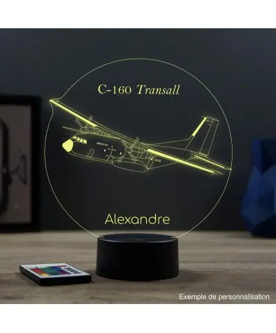 Lampe illusion 3D en verre acrylique gravée au laser représentant un avion Transall C-160.