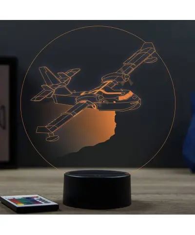 Lampe illusion 3D en verre acrylique gravée au laser représentant un avion Canadair CL-415.