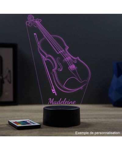 Lampe illusion 3D en verre acrylique gravée au laser représentant un violon et un archet.