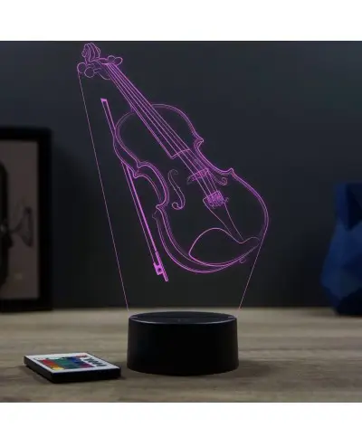 Lampe illusion 3D en verre acrylique gravée au laser représentant un violon et un archet.