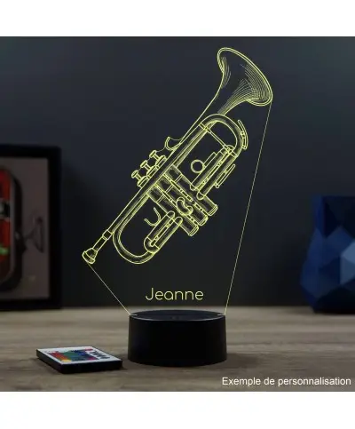 Lampe illusion 3D en verre acrylique gravée au laser représentant une trompette.