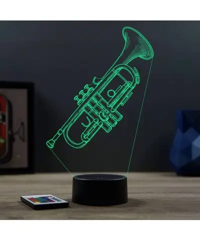 Lampe illusion 3D en verre acrylique gravée au laser représentant une trompette.