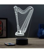 Lampe illusion 3D en verre acrylique gravée au laser représentant une harpe.