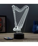 Lampe illusion 3D en verre acrylique gravée au laser représentant une harpe.