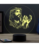Lampe illusion 3D en verre acrylique gravée au laser représentant Jésus-Christ implorant.