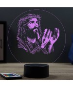 Lampe illusion 3D en verre acrylique gravée au laser représentant Jésus-Christ implorant.