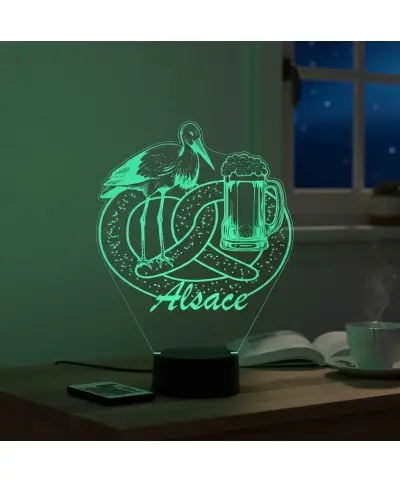 Lampe illusion 3D thème alsace avec bretzel, cigogne et bière.