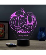 Lampe illusion 3D thème alsace avec bretzel, cigogne et bière.