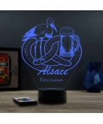 Lampe illusion 3D thème alsace avec bretzel, cigogne et bière.