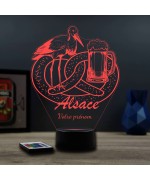 Lampe illusion 3D thème alsace avec bretzel, cigogne et bière.