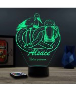 Lampe illusion 3D thème alsace avec bretzel, cigogne et bière.