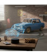 Lampe illusion 3D en verre acrylique gravée au laser représentant une voiture Renault R8 Gordini.