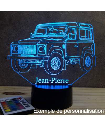 Lampe illusion 3D en verre acrylique gravée au laser représentant une voiture Land Rover Defender 90.
