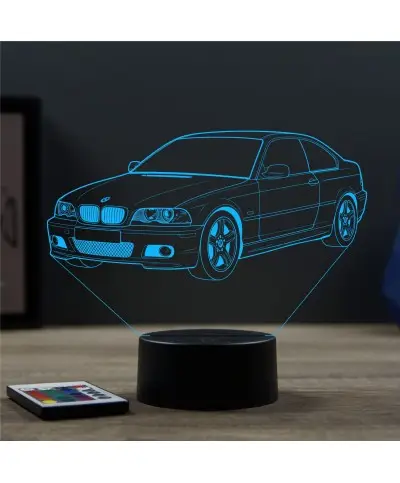 Lampe illusion 3D en verre acrylique gravée au laser représentant une voiture BMW E46.
