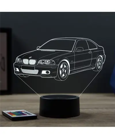 Lampe illusion 3D en verre acrylique gravée au laser représentant une voiture BMW E46.