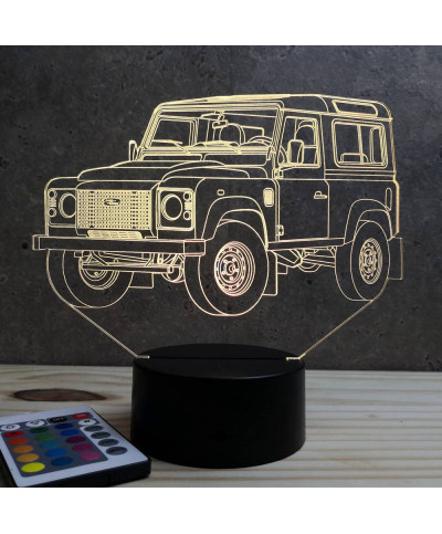 Lampe illusion 3D en verre acrylique gravée au laser représentant une voiture Land Rover Defender 90.