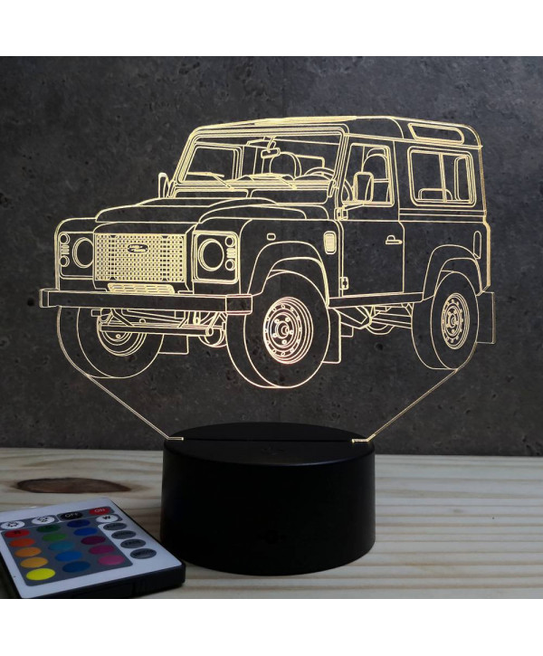 Lampe illusion 3D en verre acrylique gravée au laser représentant une voiture Land Rover Defender 90.