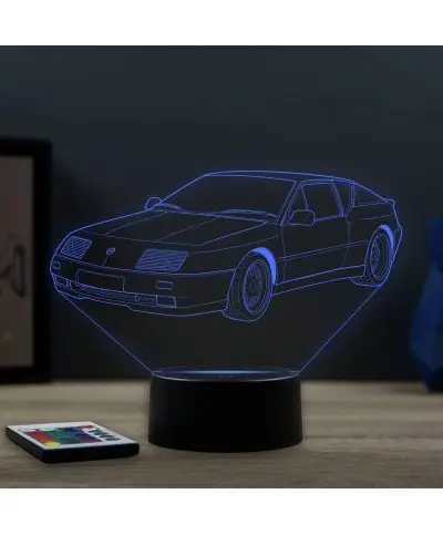Lampe illusion 3D en verre acrylique gravée au laser représentant une voiture Alpine Renault GTA Le Mans.