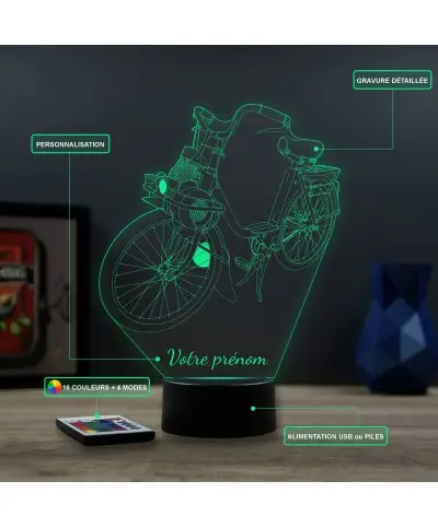 Lampe illusion 3D en verre acrylique gravée au laser représentant un vélomoteur Solex 2200.