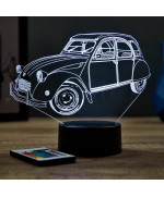Lampe illusion 3D en verre acrylique gravée au laser représentant une voiture Citroën 2CV.