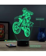 Lampe illusion 3D en verre acrylique gravée au laser représentant une moto de motocross.