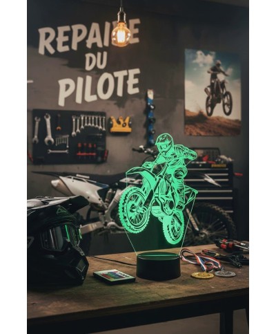 Lampe illusion 3D en verre acrylique gravée au laser représentant une moto de motocross.