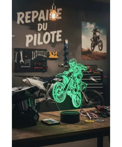 Lampe illusion 3D en verre acrylique gravée au laser représentant une moto de motocross.