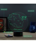 Lampe illusion 3D en verre acrylique gravée au laser représentant une carte de la Réunion.
