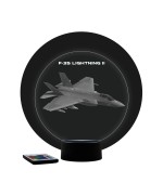 Lampe illusion 3D en verre acrylique gravée au laser représentant un avion de chasse F-35 Lightning II.