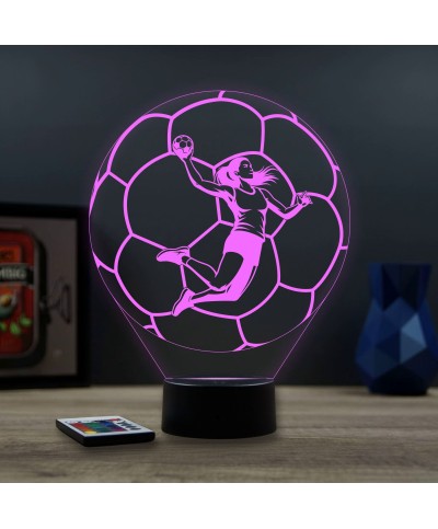 Lampe illusion 3D en verre acrylique gravée au laser représentant une joueuse de Handball à l'intérieur d'un ballon.